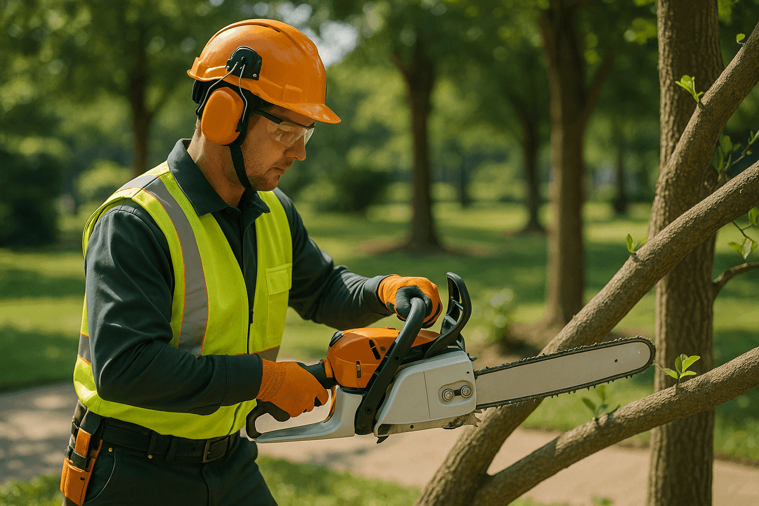 Tree service worker in PPE operating tree care tools outdoors among healthy trees