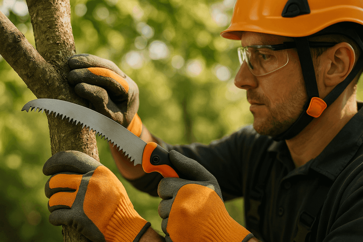 Gloved hands of tree service worker pruning a healthy tree branch with saw